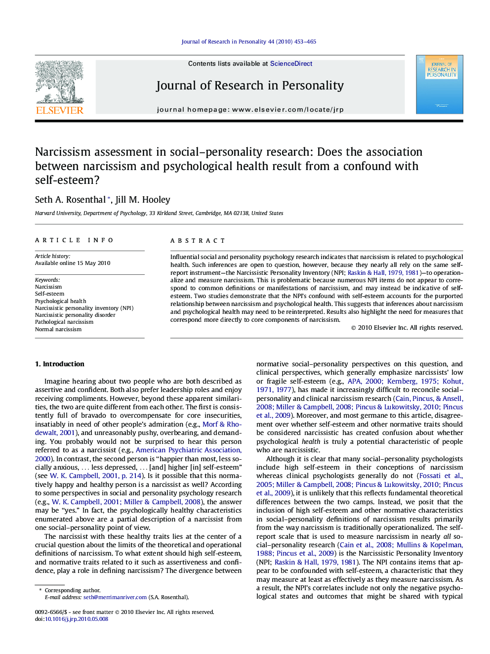 Narcissism assessment in social–personality research: Does the association between narcissism and psychological health result from a confound with self-esteem?