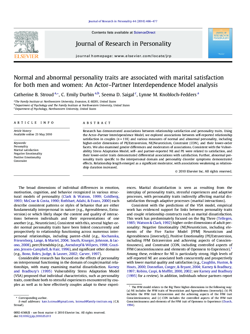 Normal and abnormal personality traits are associated with marital satisfaction for both men and women: An Actor–Partner Interdependence Model analysis