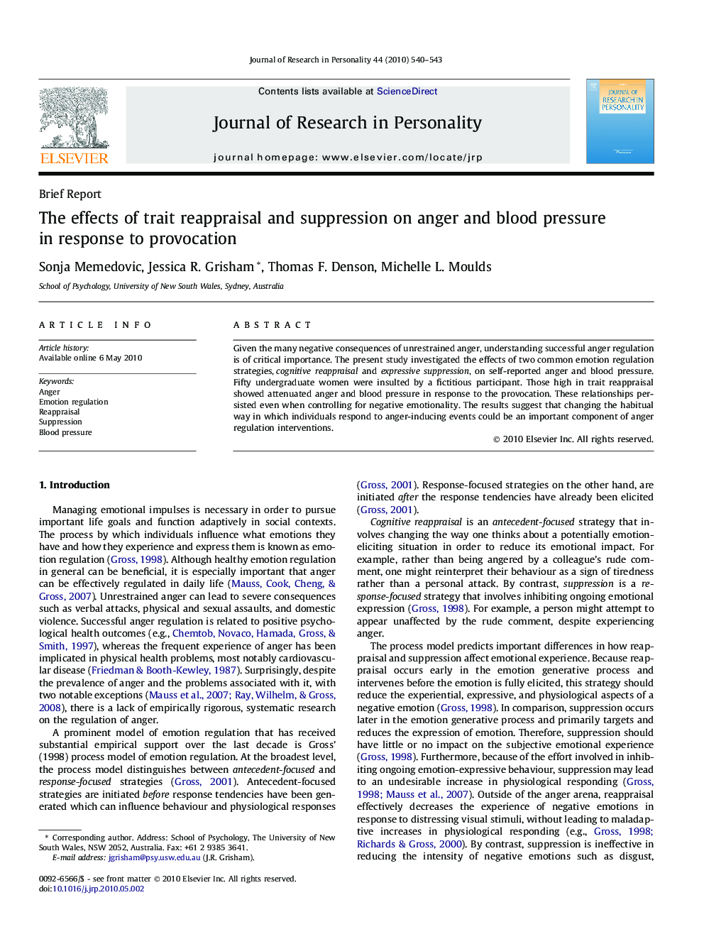 عکس صفحه اول مقاله: The effects of trait reappraisal and suppression on anger and blood pressure in response to provocation The effects of trait reappraisal and suppression on anger and blood pressure in response to provocation