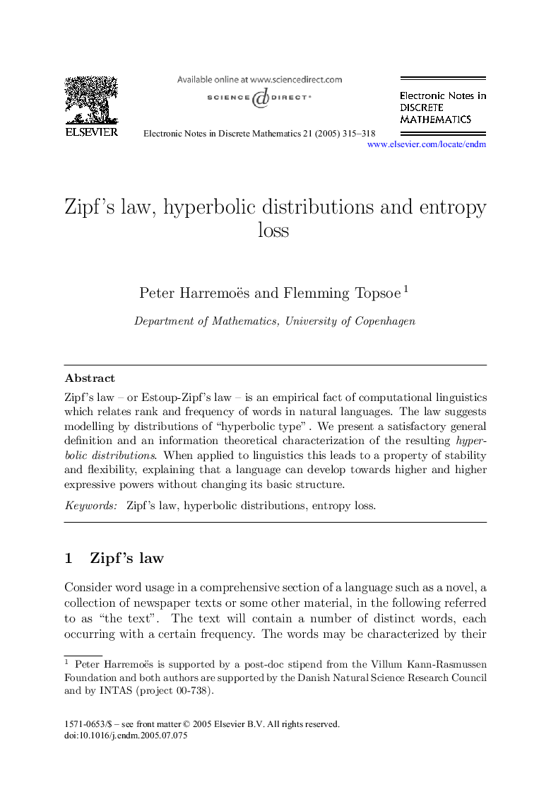 Zipf's law, hyperbolic distributions and entropy loss