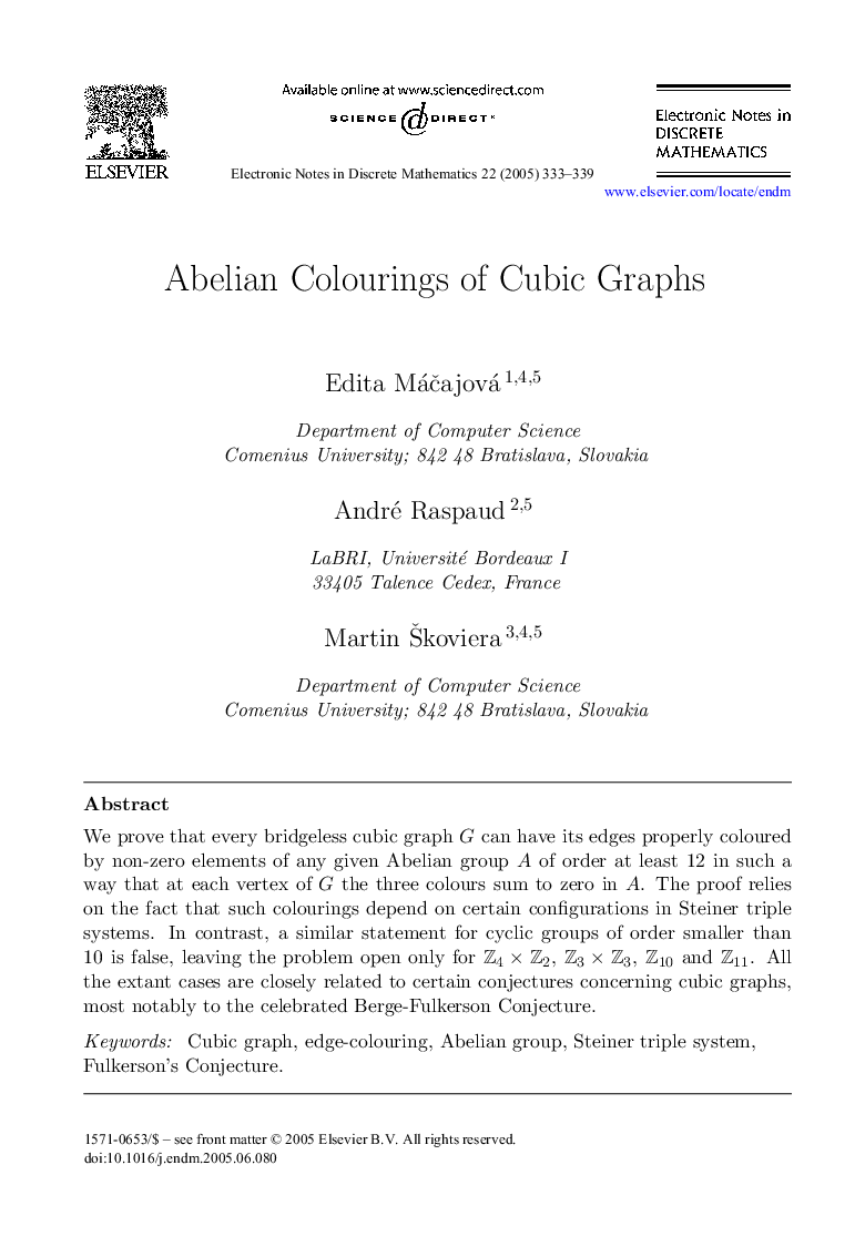 Abelian Colourings of Cubic Graphs