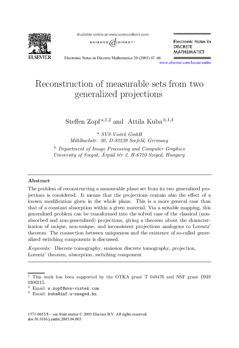 Reconstruction of measurable sets from two generalized projections