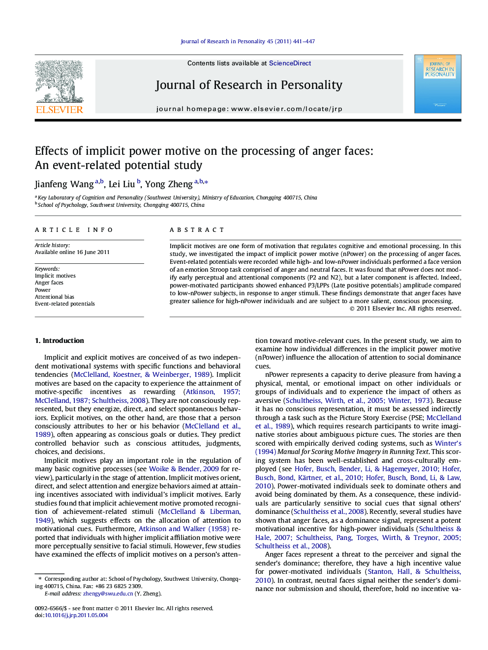 Effects of implicit power motive on the processing of anger faces: An event-related potential study