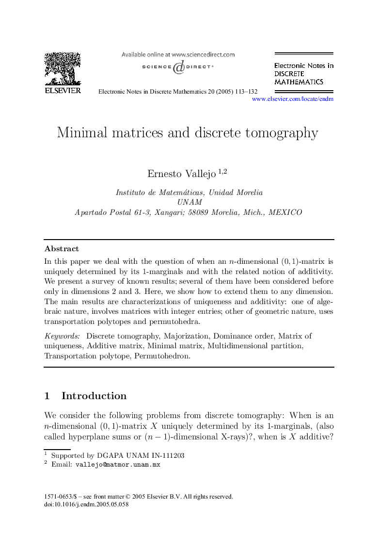 Minimal matrices and discrete tomography