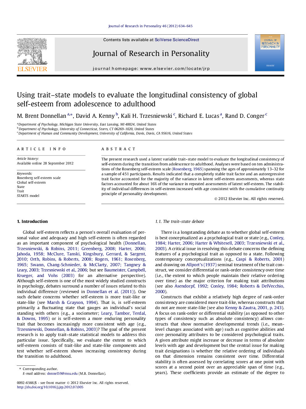 Using trait–state models to evaluate the longitudinal consistency of global self-esteem from adolescence to adulthood