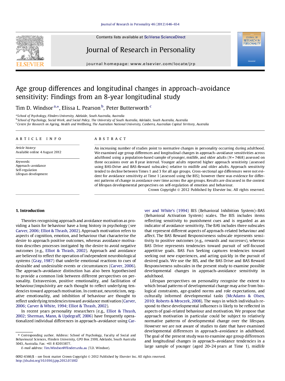 Age group differences and longitudinal changes in approach–avoidance sensitivity: Findings from an 8-year longitudinal study