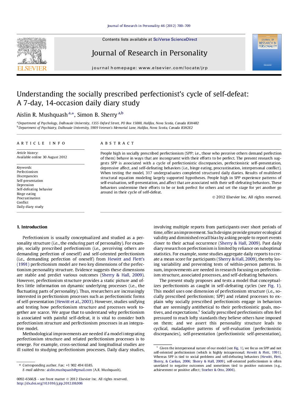 Understanding the socially prescribed perfectionist’s cycle of self-defeat: A 7-day, 14-occasion daily diary study