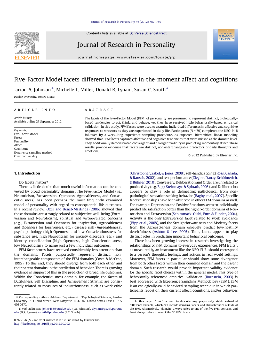 Five-Factor Model facets differentially predict in-the-moment affect and cognitions