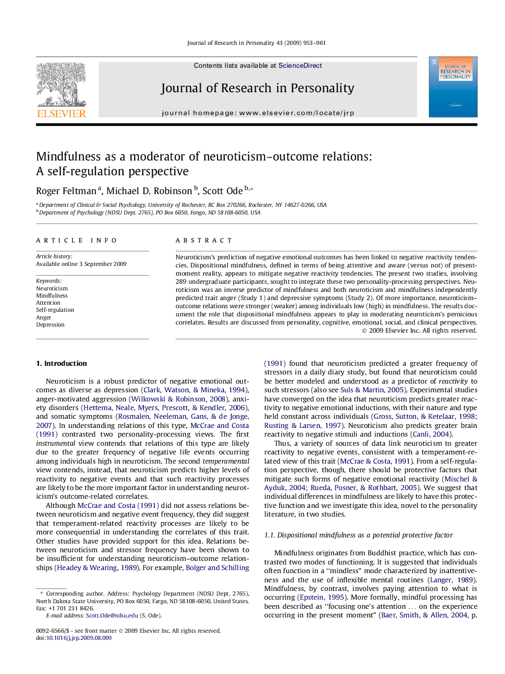 Mindfulness as a moderator of neuroticism–outcome relations: A self-regulation perspective