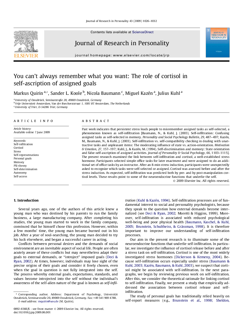 You can’t always remember what you want: The role of cortisol in self-ascription of assigned goals