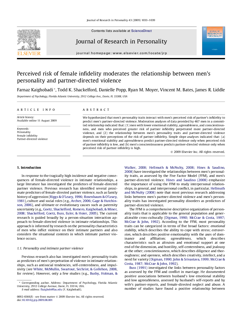 عکس صفحه اول مقاله: Perceived risk of female infidelity moderates the relationship between men’s personality and partner-directed violence Perceived risk of female infidelity moderates the relationship between men’s personality and partner-directed violence