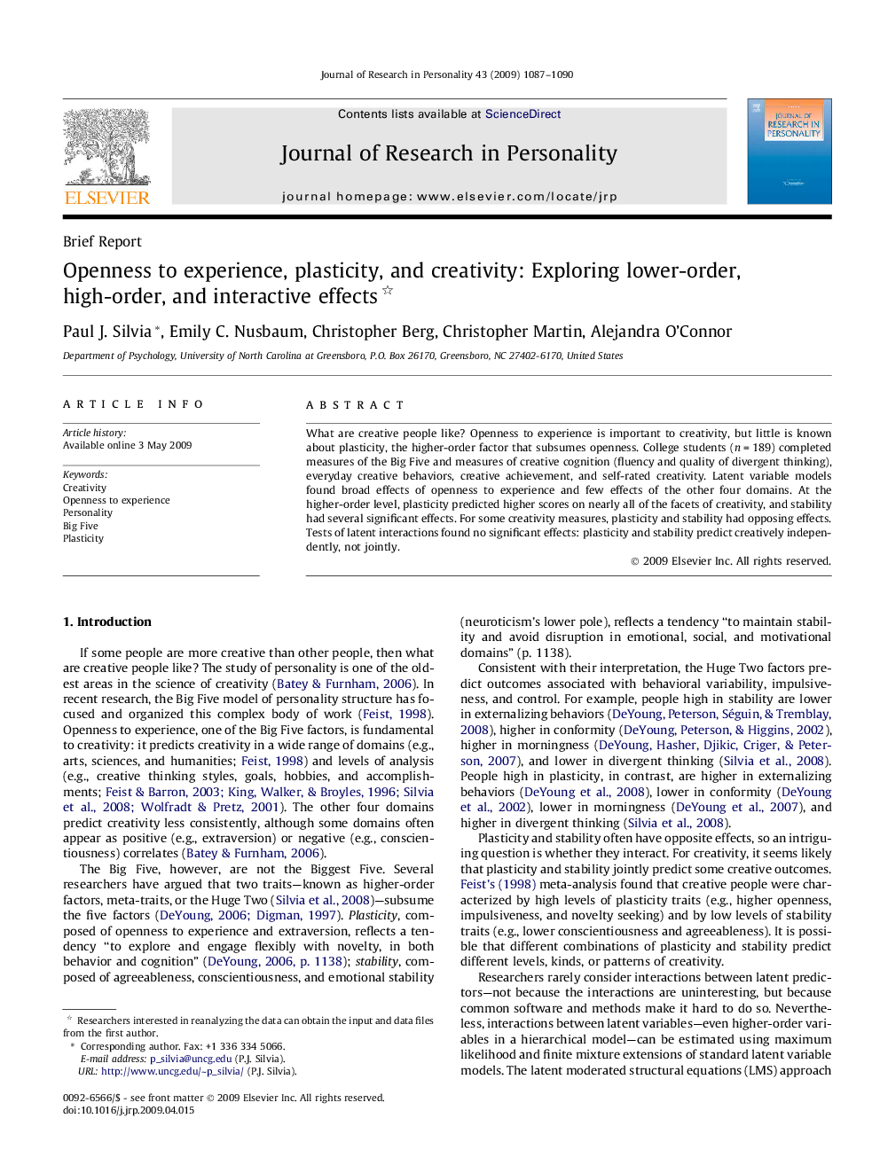 Openness to experience, plasticity, and creativity: Exploring lower-order, high-order, and interactive effects