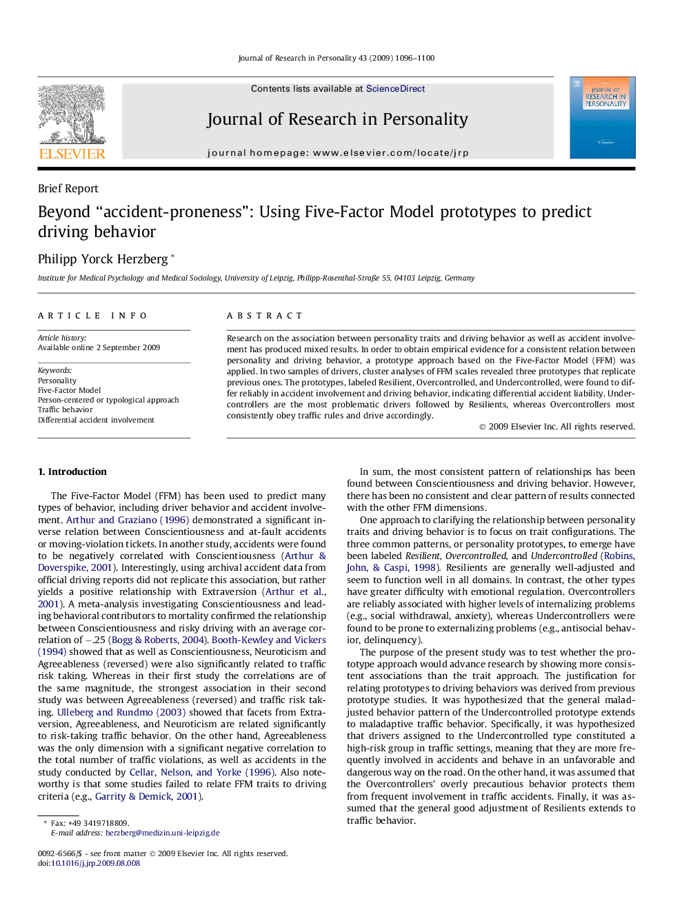 Beyond “accident-proneness”: Using Five-Factor Model prototypes to predict driving behavior