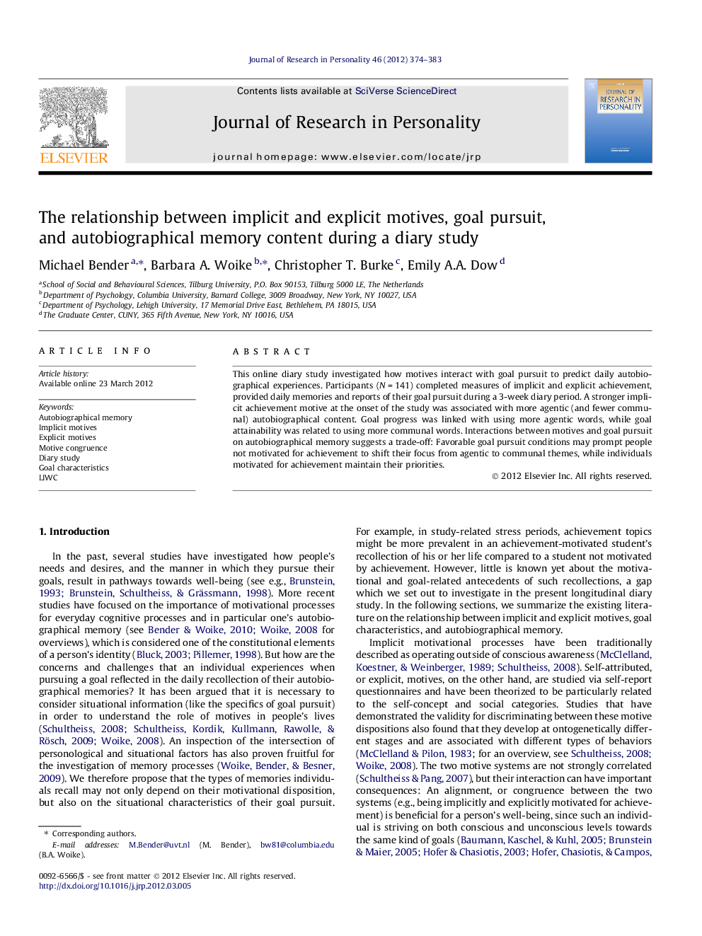 The relationship between implicit and explicit motives, goal pursuit, and autobiographical memory content during a diary study