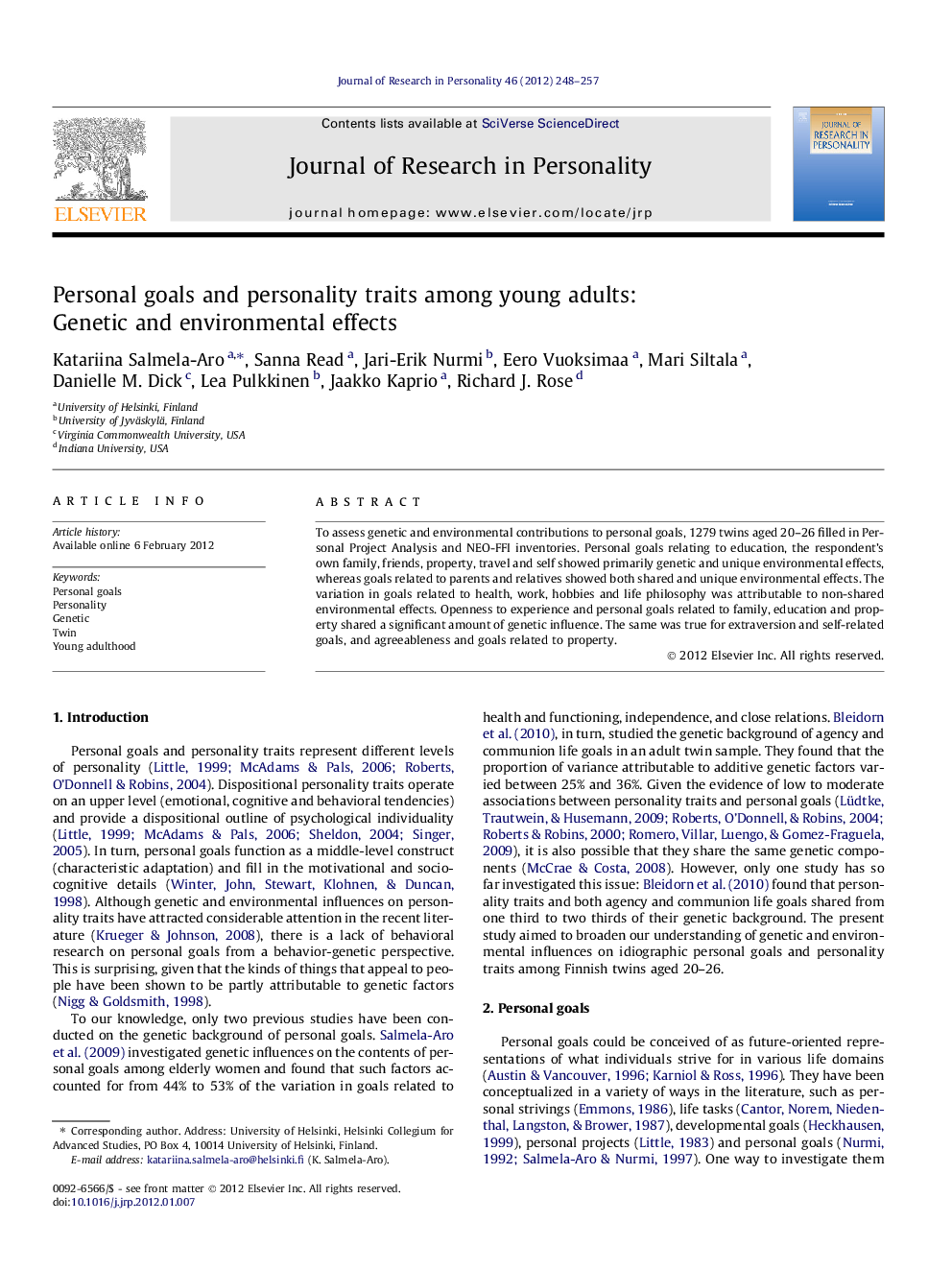 Personal goals and personality traits among young adults: Genetic and environmental effects