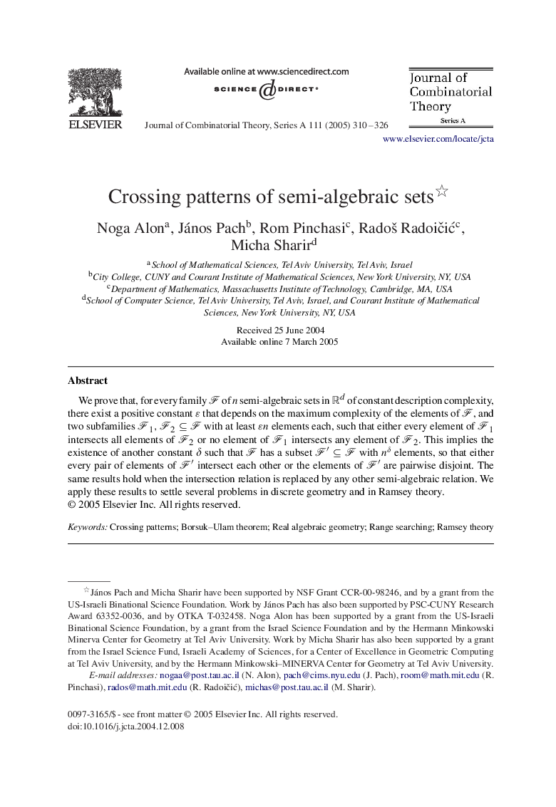 Crossing patterns of semi-algebraic sets