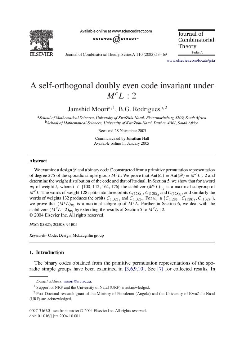 A self-orthogonal doubly even code invariant under McL:2