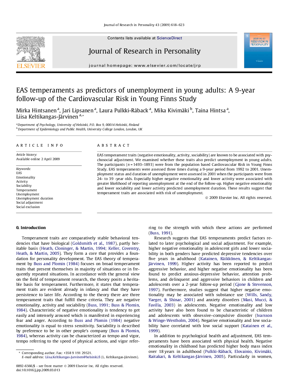 EAS temperaments as predictors of unemployment in young adults: A 9-year follow-up of the Cardiovascular Risk in Young Finns Study