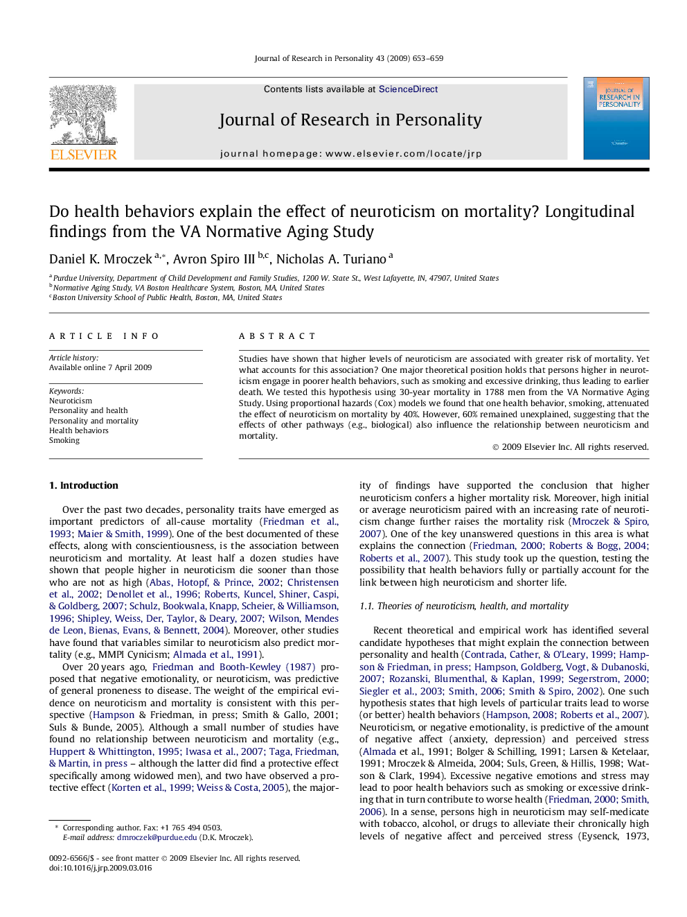 Do health behaviors explain the effect of neuroticism on mortality? Longitudinal findings from the VA Normative Aging Study