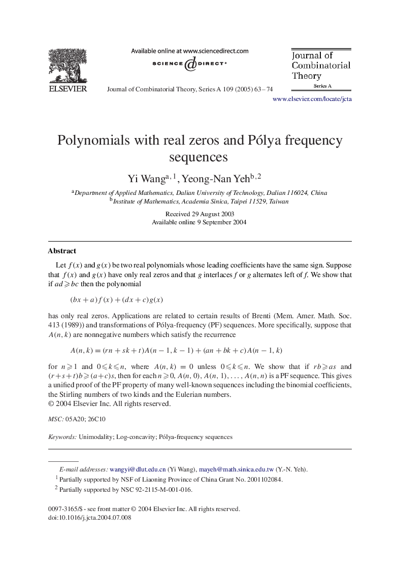 Polynomials with real zeros and Pólya frequency sequences