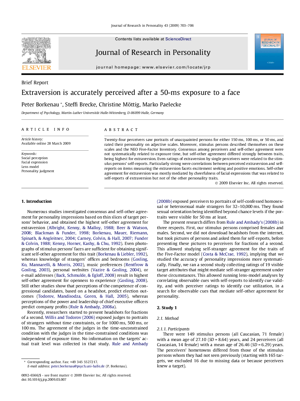 Extraversion is accurately perceived after a 50-ms exposure to a face