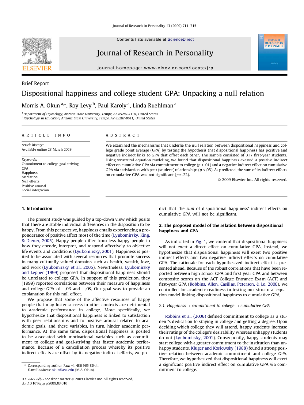 Dispositional happiness and college student GPA: Unpacking a null relation