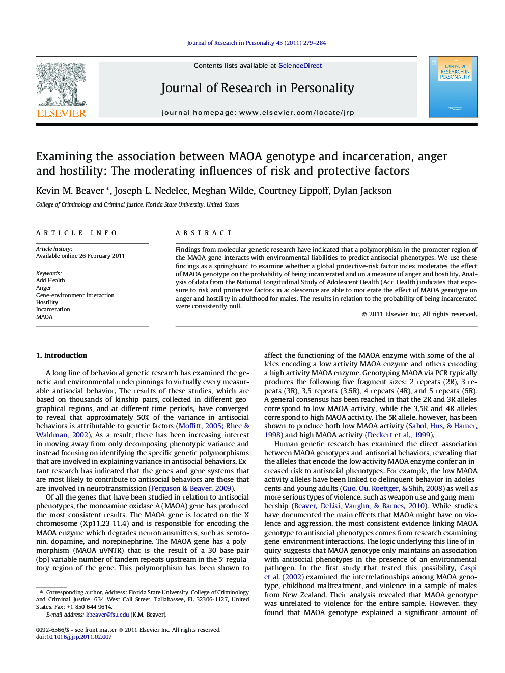 Examining the association between MAOA genotype and incarceration, anger and hostility: The moderating influences of risk and protective factors