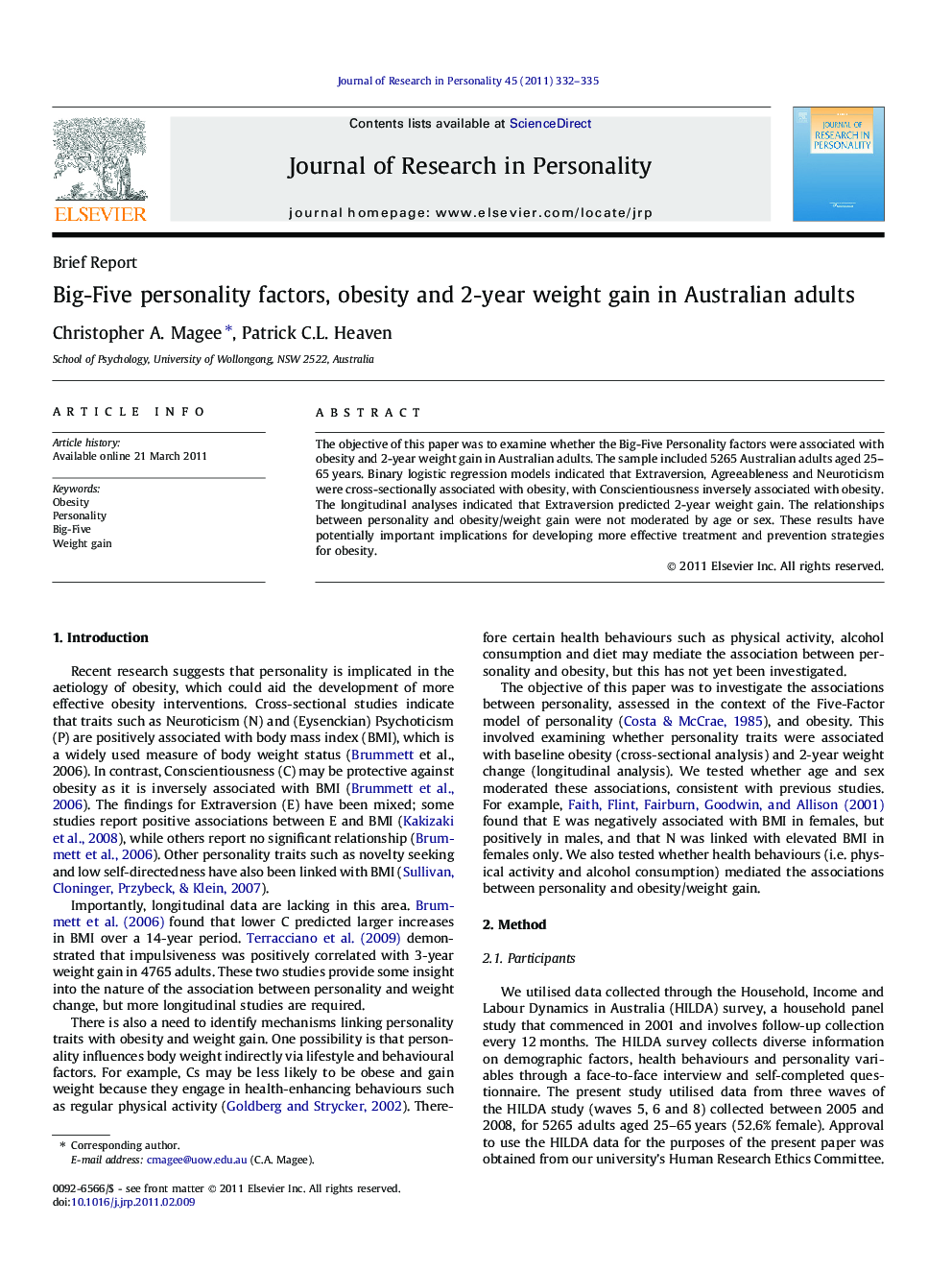 Big-Five personality factors, obesity and 2-year weight gain in Australian adults