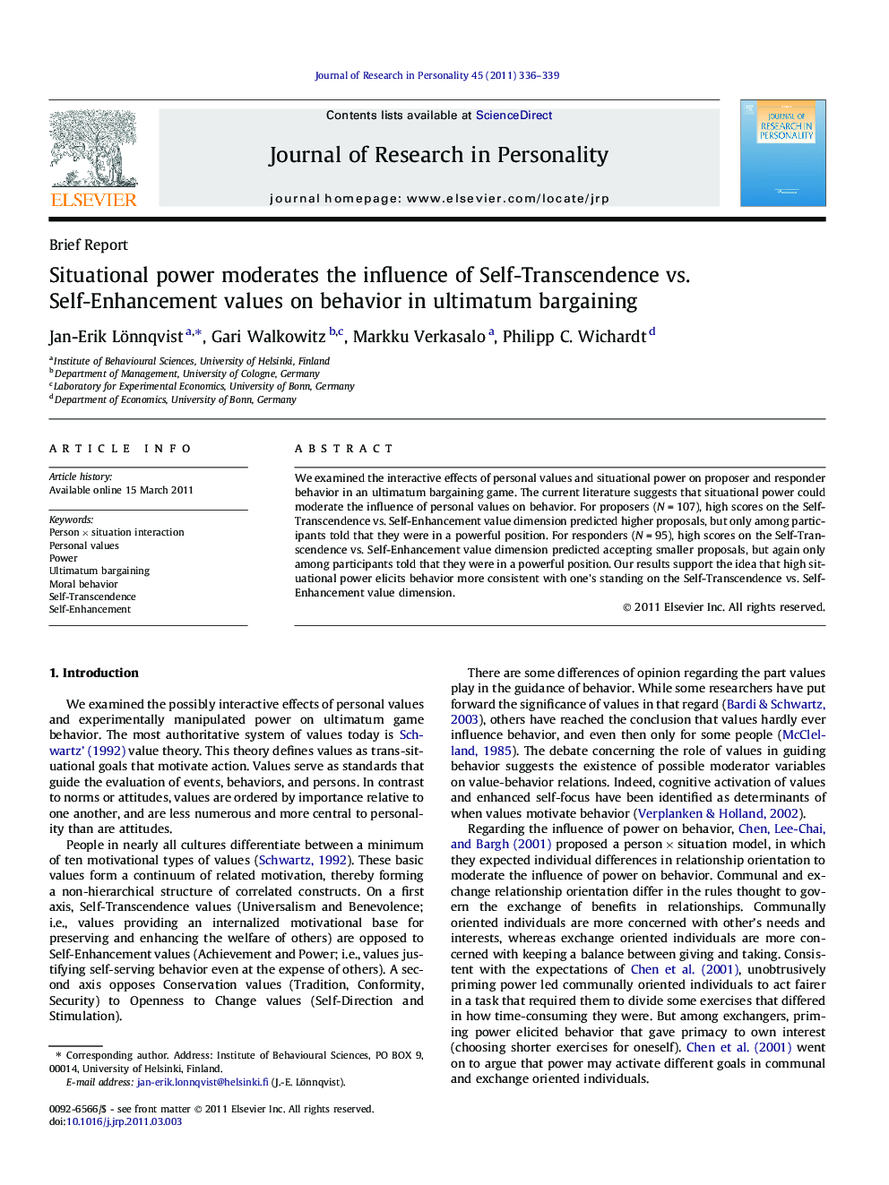 Situational power moderates the influence of Self-Transcendence vs. Self-Enhancement values on behavior in ultimatum bargaining