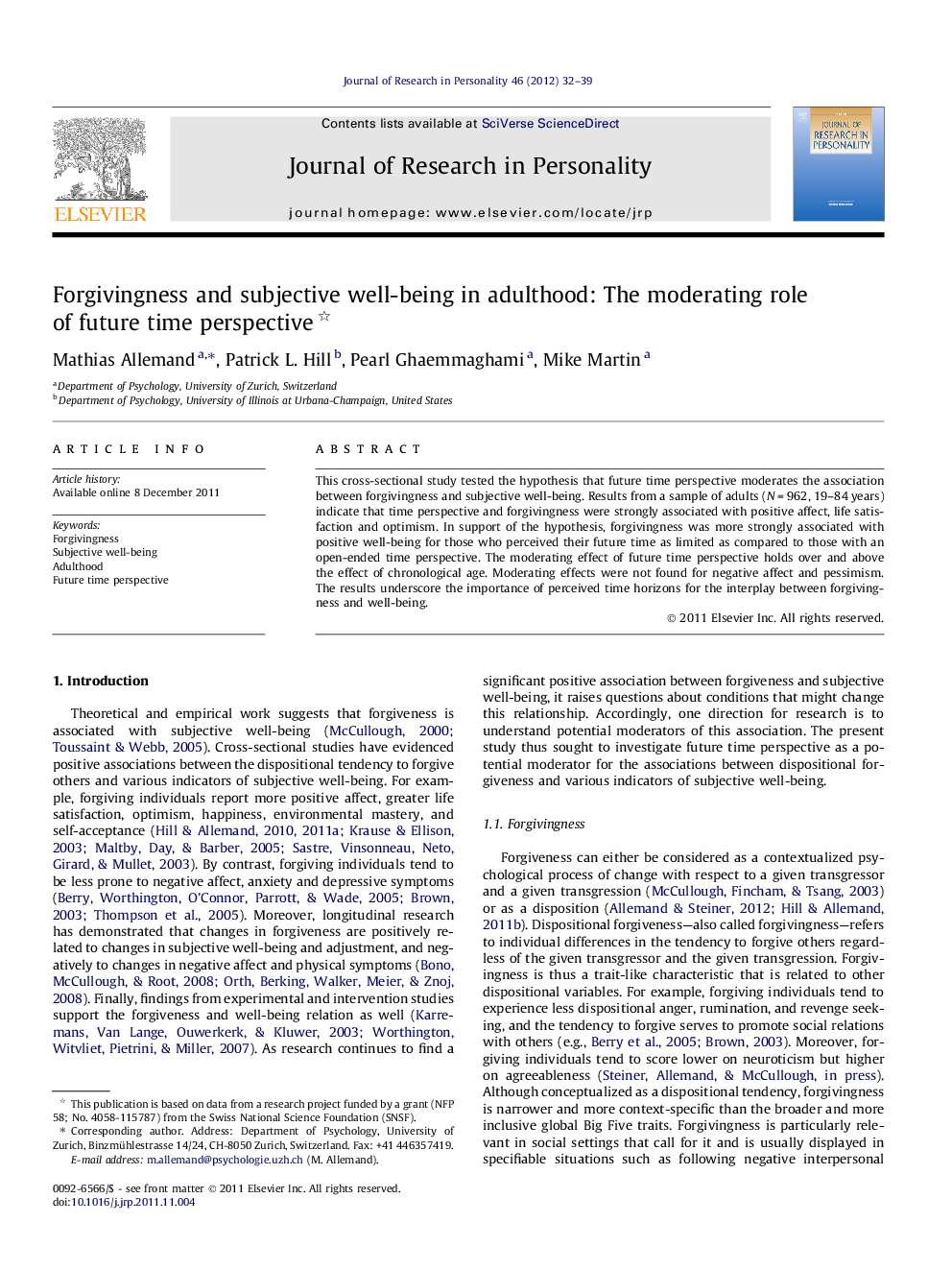 Forgivingness and subjective well-being in adulthood: The moderating role of future time perspective 