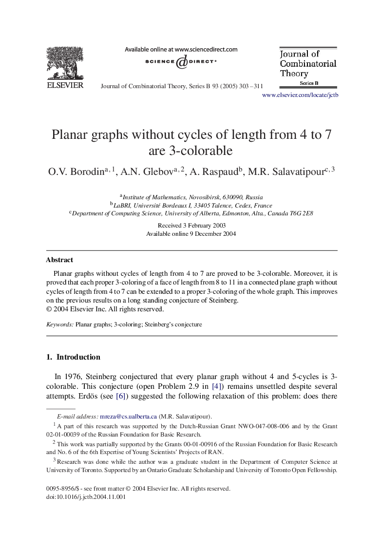 Planar graphs without cycles of length from 4 to 7 are 3-colorable