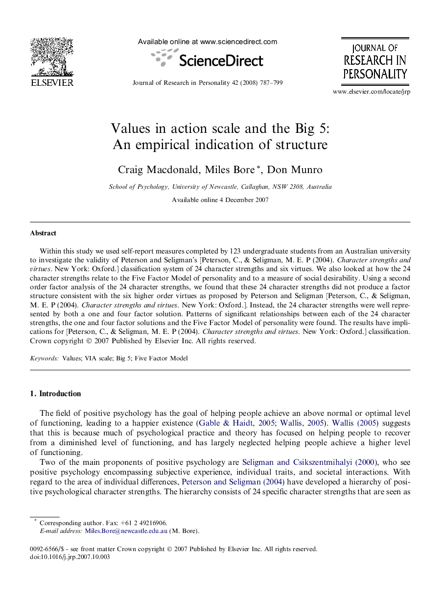 Values in action scale and the Big 5: An empirical indication of structure