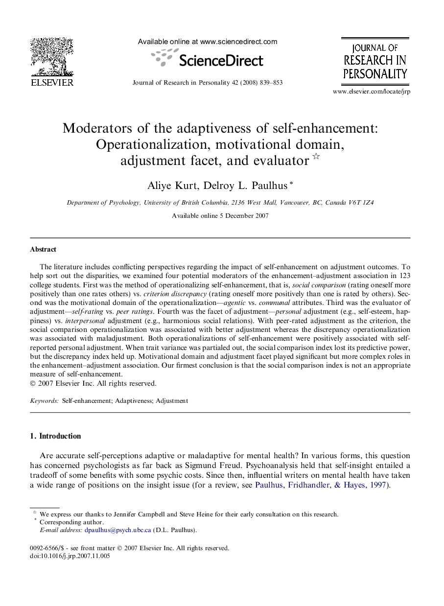 Moderators of the adaptiveness of self-enhancement: Operationalization, motivational domain, adjustment facet, and evaluator 