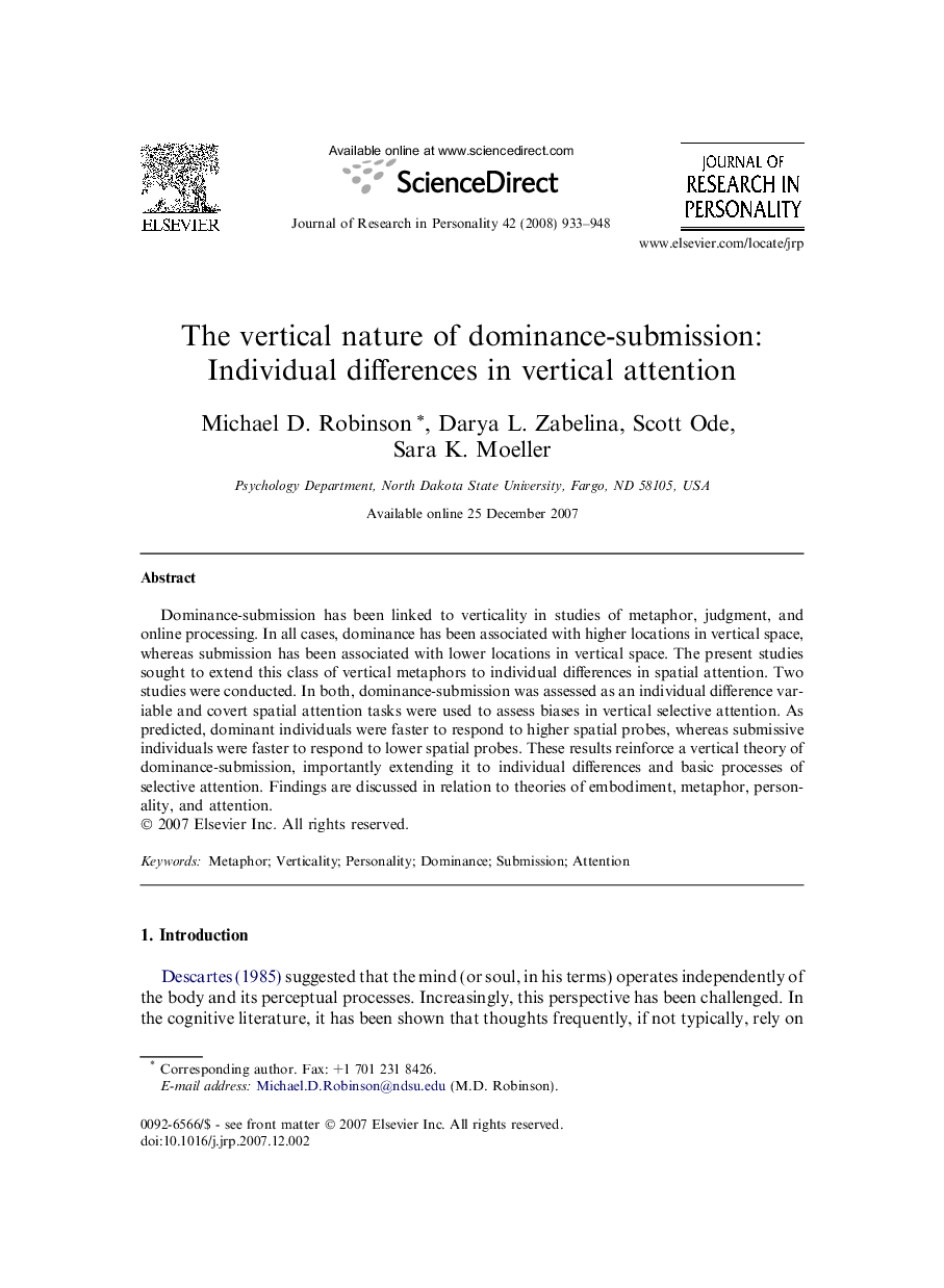 The vertical nature of dominance-submission: Individual differences in vertical attention