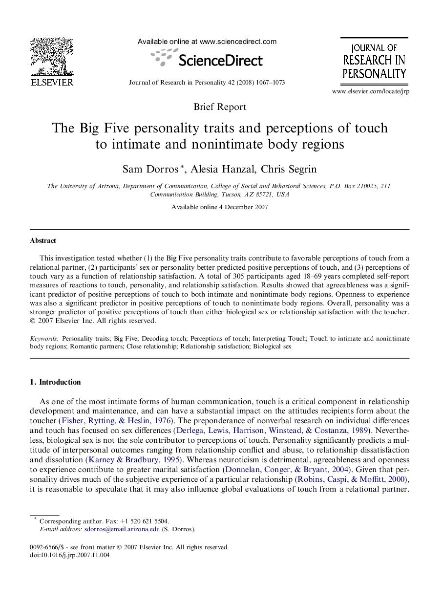 The Big Five personality traits and perceptions of touch to intimate and nonintimate body regions