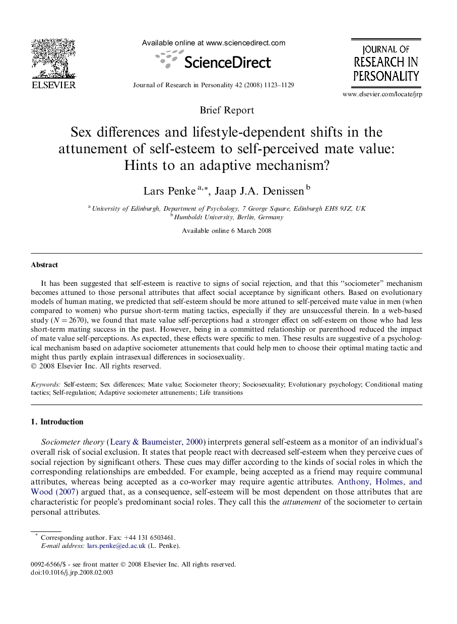 Sex differences and lifestyle-dependent shifts in the attunement of self-esteem to self-perceived mate value: Hints to an adaptive mechanism?