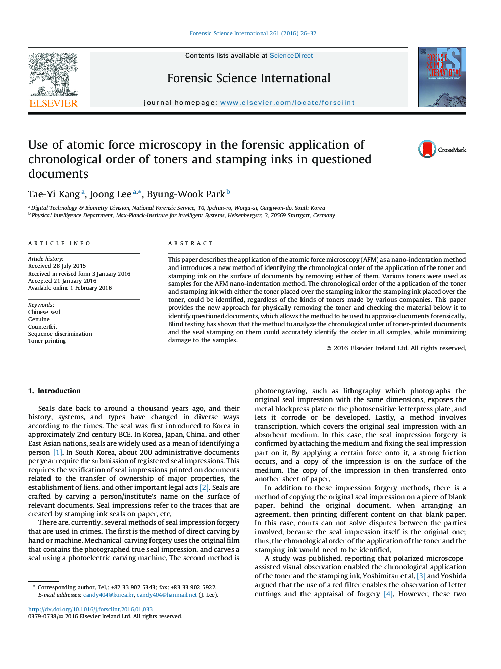 Use of atomic force microscopy in the forensic application of chronological order of toners and stamping inks in questioned documents