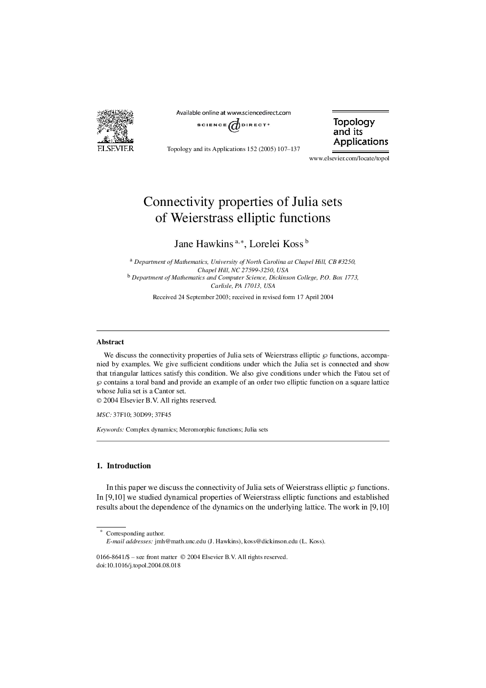 Connectivity properties of Julia sets of Weierstrass elliptic functions