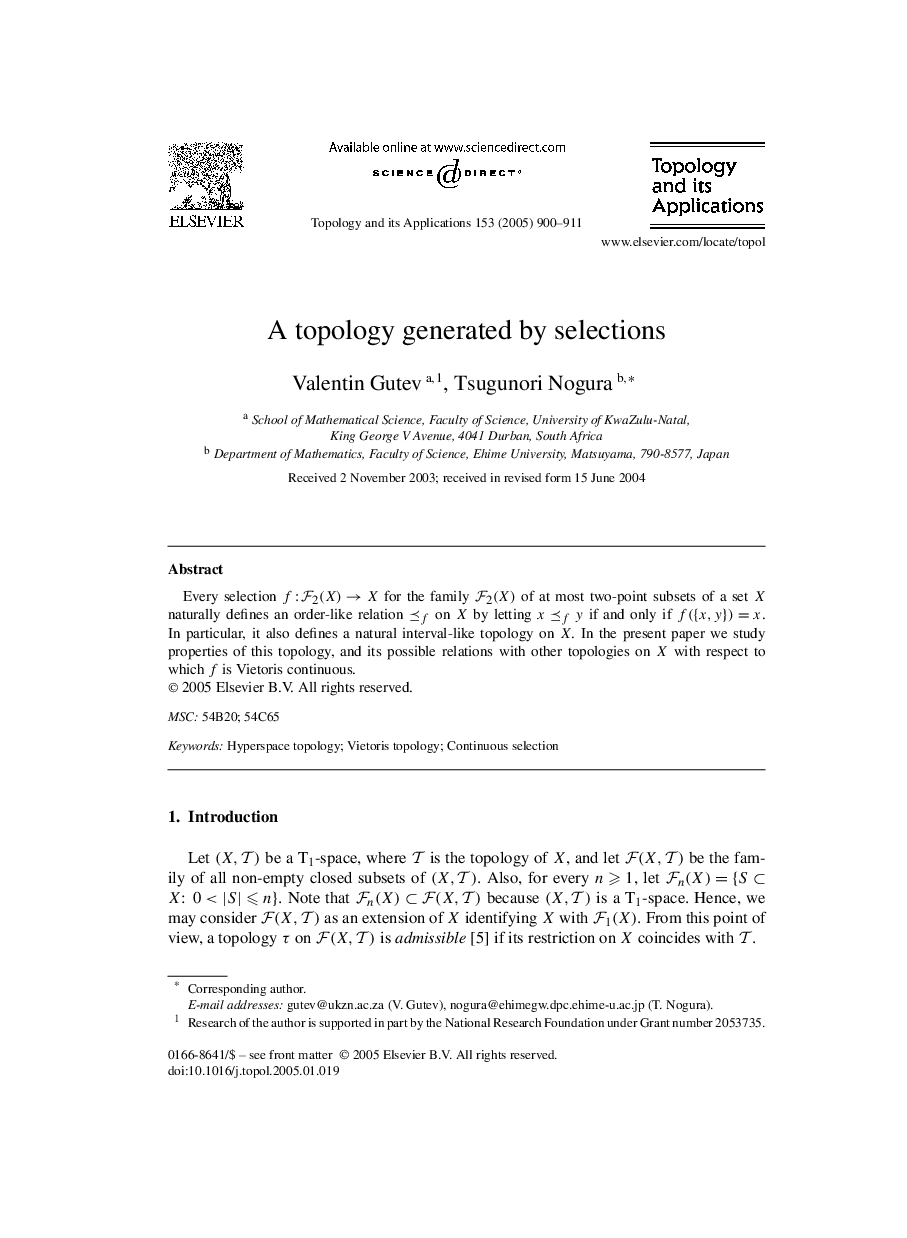 A topology generated by selections