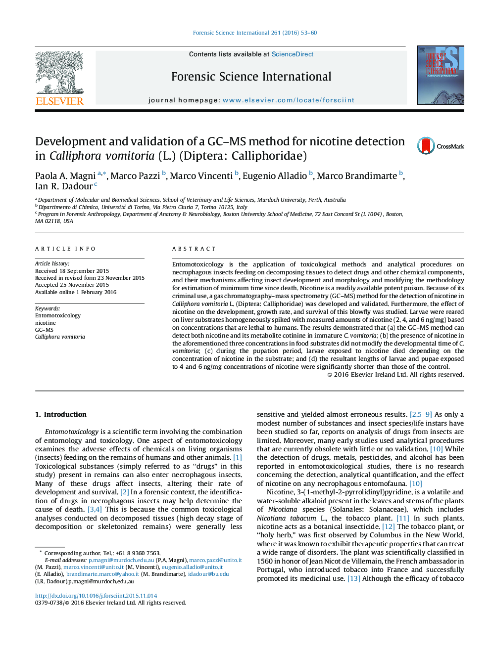 توسعه و اعتبار یک روش GC-MS برای تشخیص نیکوتین موجود در لاشه مگس vomitoria (L.) (دوبالان: مگسهای لاشه)