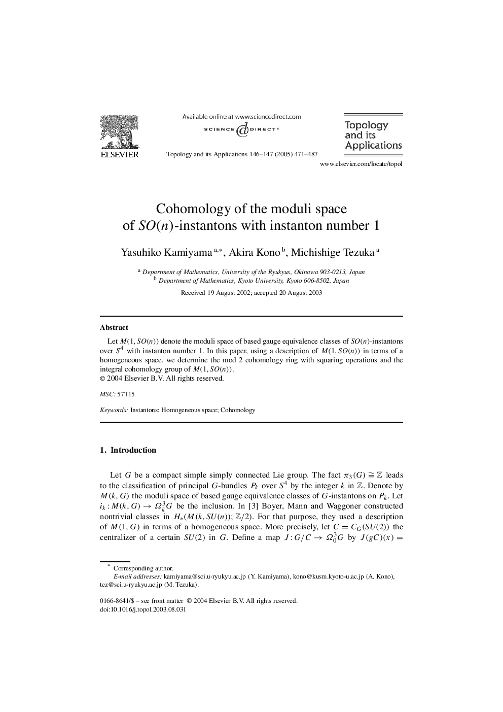 Cohomology of the moduli space of SO(n)-instantons with instanton number 1