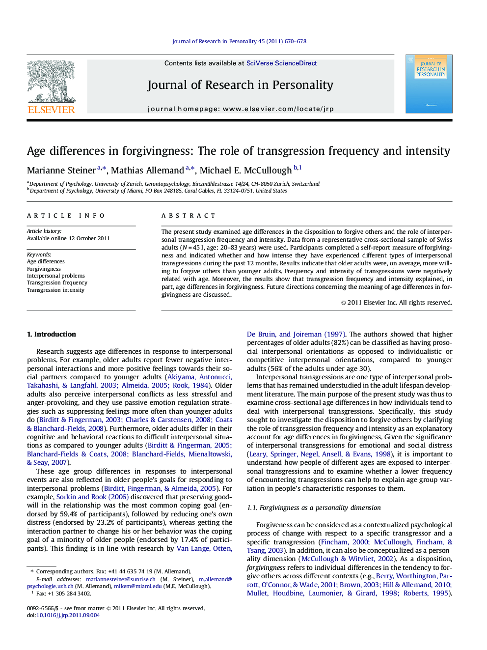 Age differences in forgivingness: The role of transgression frequency and intensity