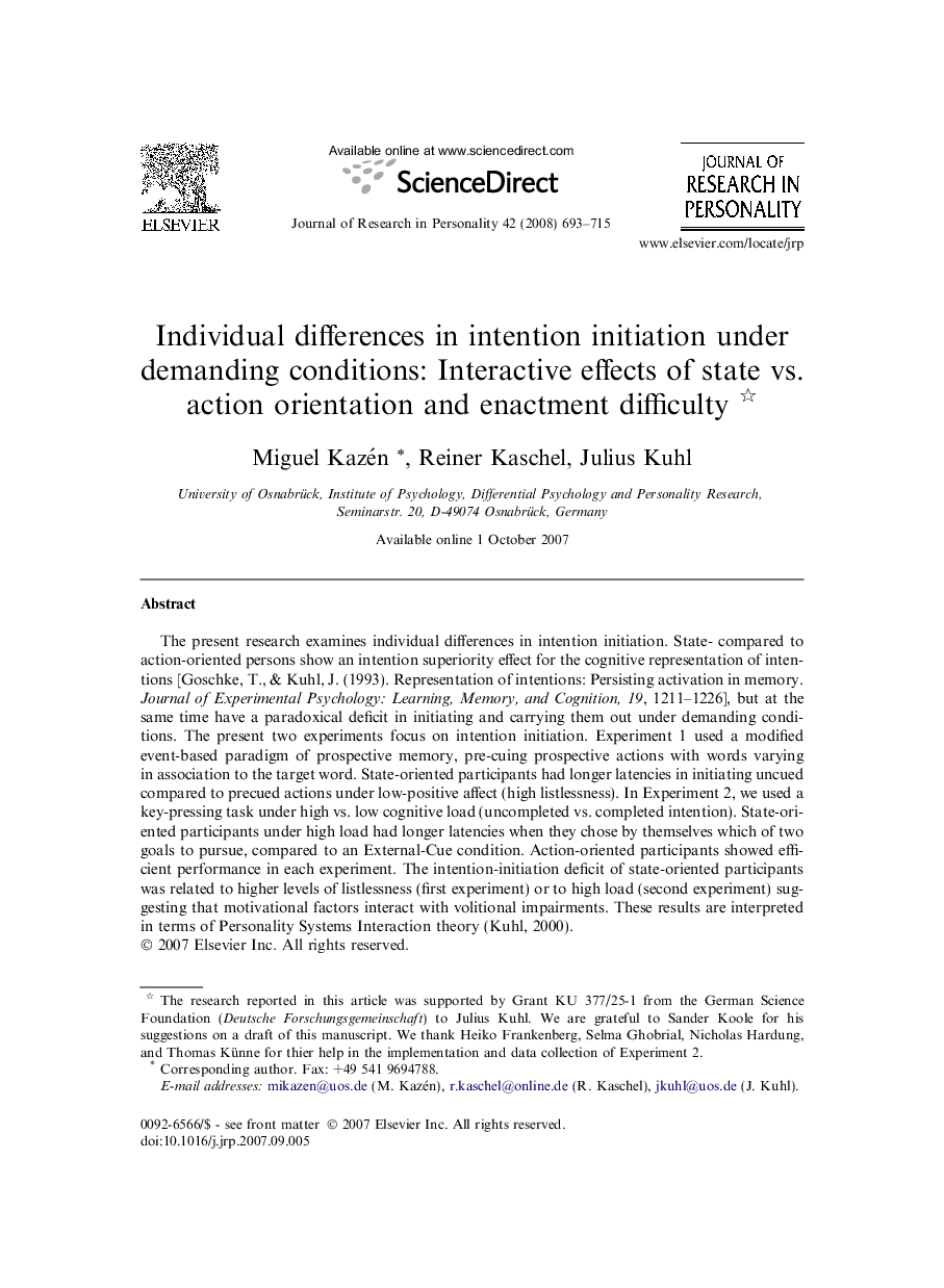 Individual differences in intention initiation under demanding conditions: Interactive effects of state vs. action orientation and enactment difficulty 