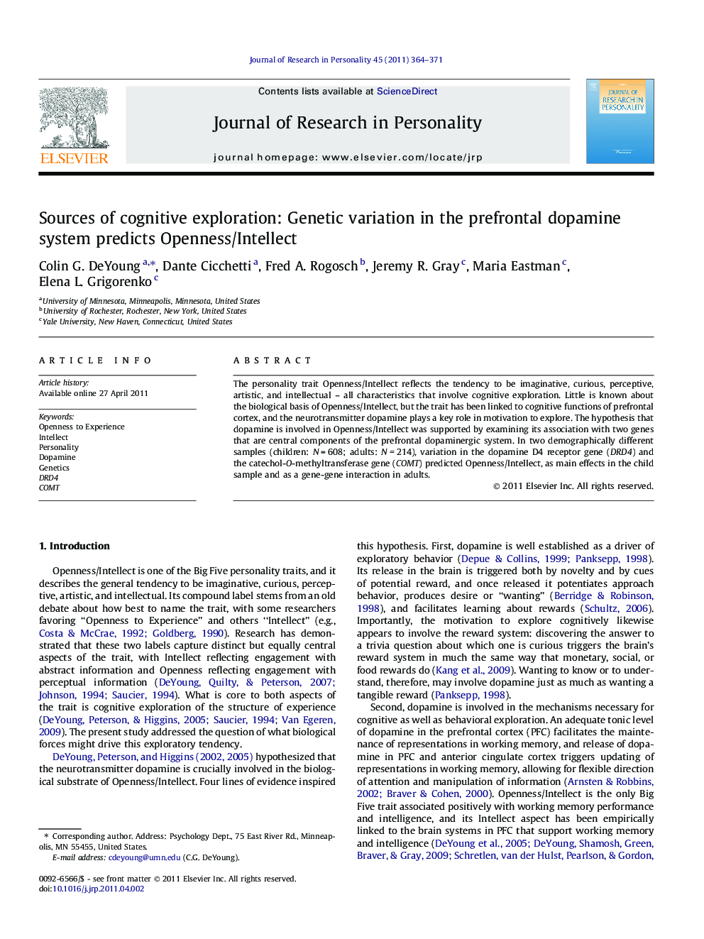 Sources of cognitive exploration: Genetic variation in the prefrontal dopamine system predicts Openness/Intellect