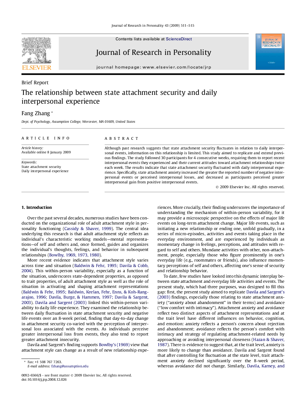 The relationship between state attachment security and daily interpersonal experience