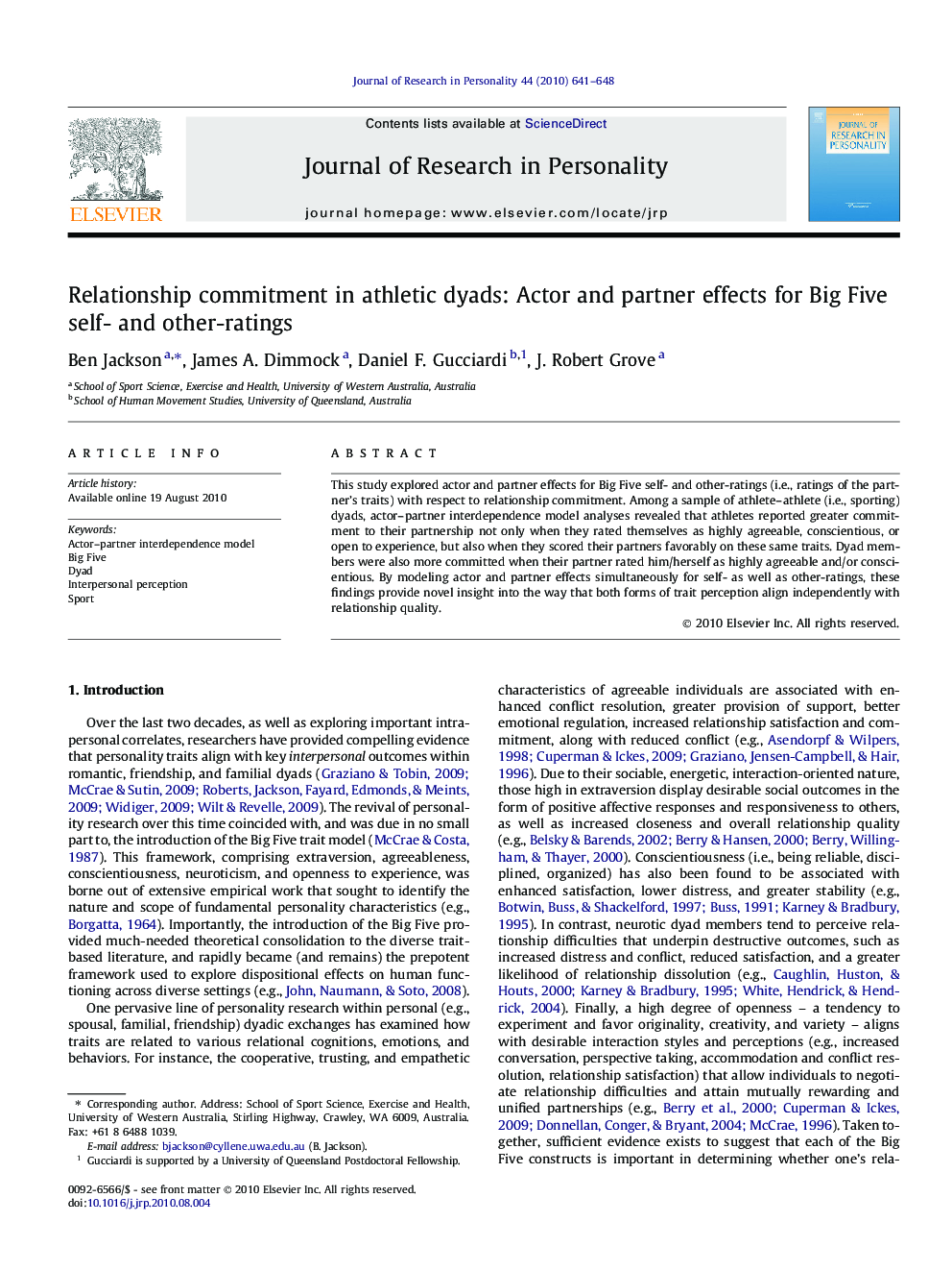 Relationship commitment in athletic dyads: Actor and partner effects for Big Five self- and other-ratings