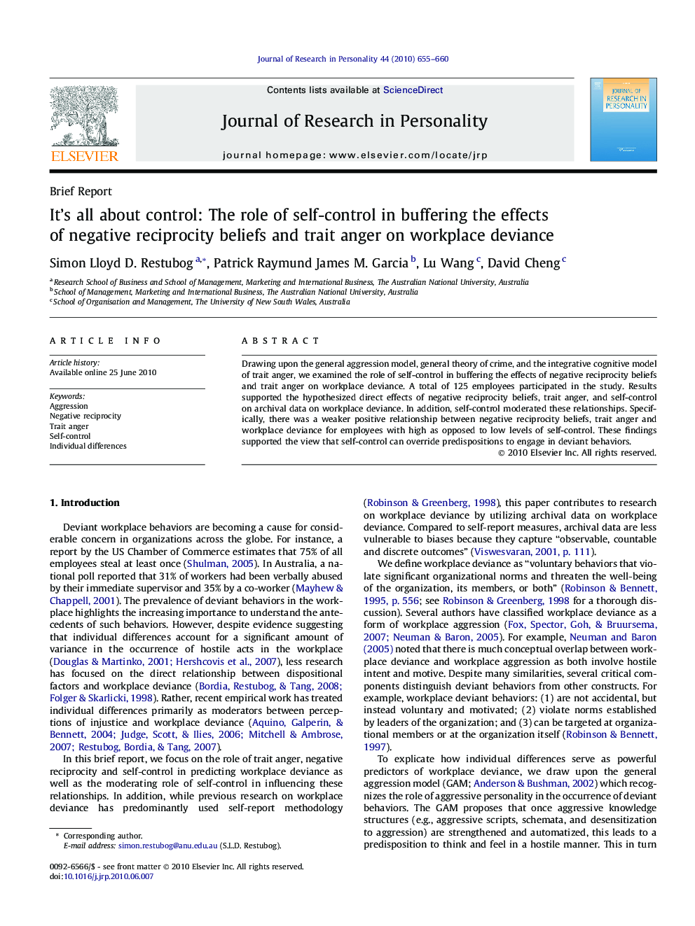 It’s all about control: The role of self-control in buffering the effects of negative reciprocity beliefs and trait anger on workplace deviance