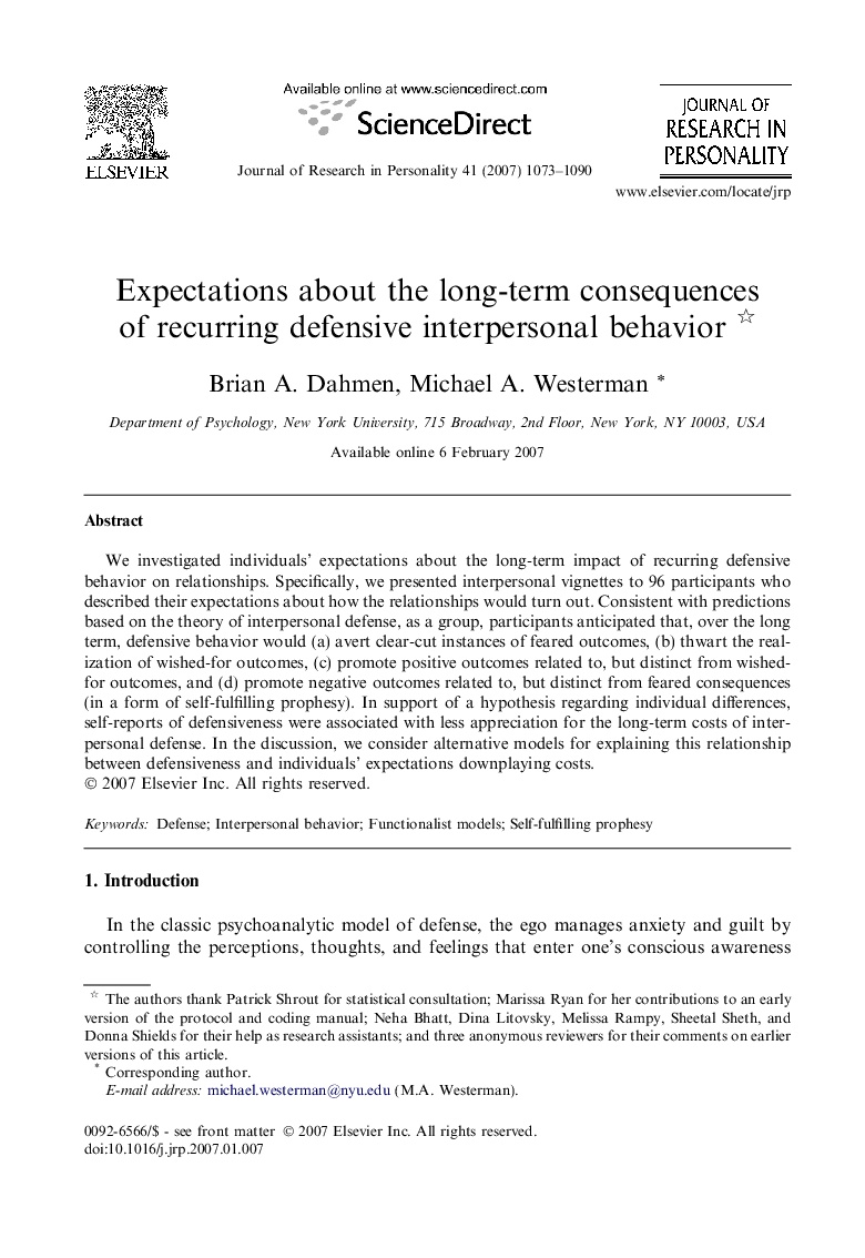 Expectations about the long-term consequences of recurring defensive interpersonal behavior 