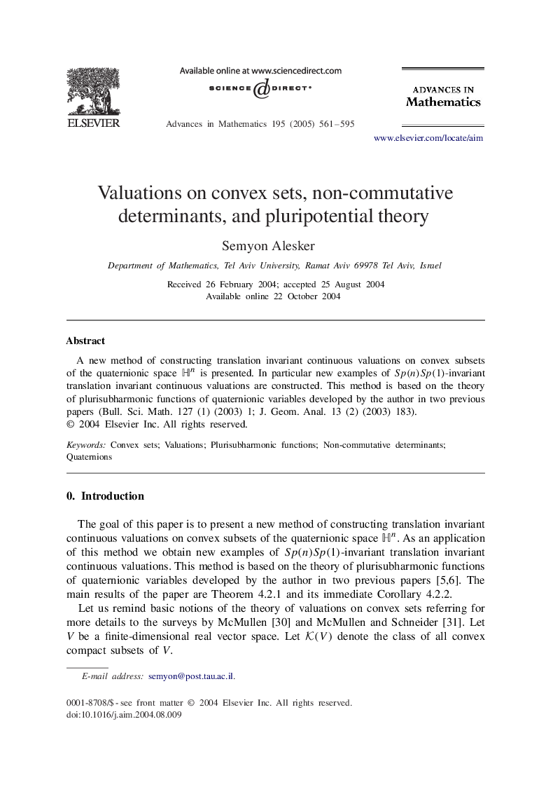 Valuations on convex sets, non-commutative determinants, and pluripotential theory