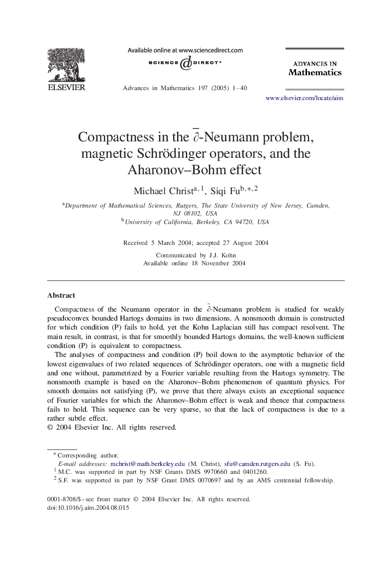 Compactness in the âÂ¯-Neumann problem, magnetic Schrödinger operators, and the Aharonov-Bohm effect